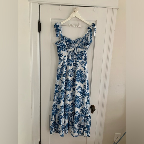 Summery Ruffle Trim Floral Printed Tie Strap Midi Sundress - Blue - Picture 3 of 5